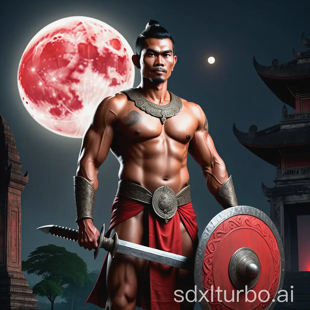 Handsome-Man-in-Ancient-Javanese-Warrior-Armor-Standing-Before-Majapahit-Kingdom-Under-Full-Moon