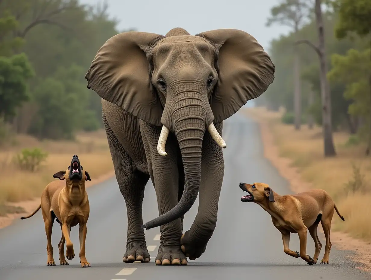 An elephant is coming on the road and the dogs on the right and right side of the elephant's feet are barking at it