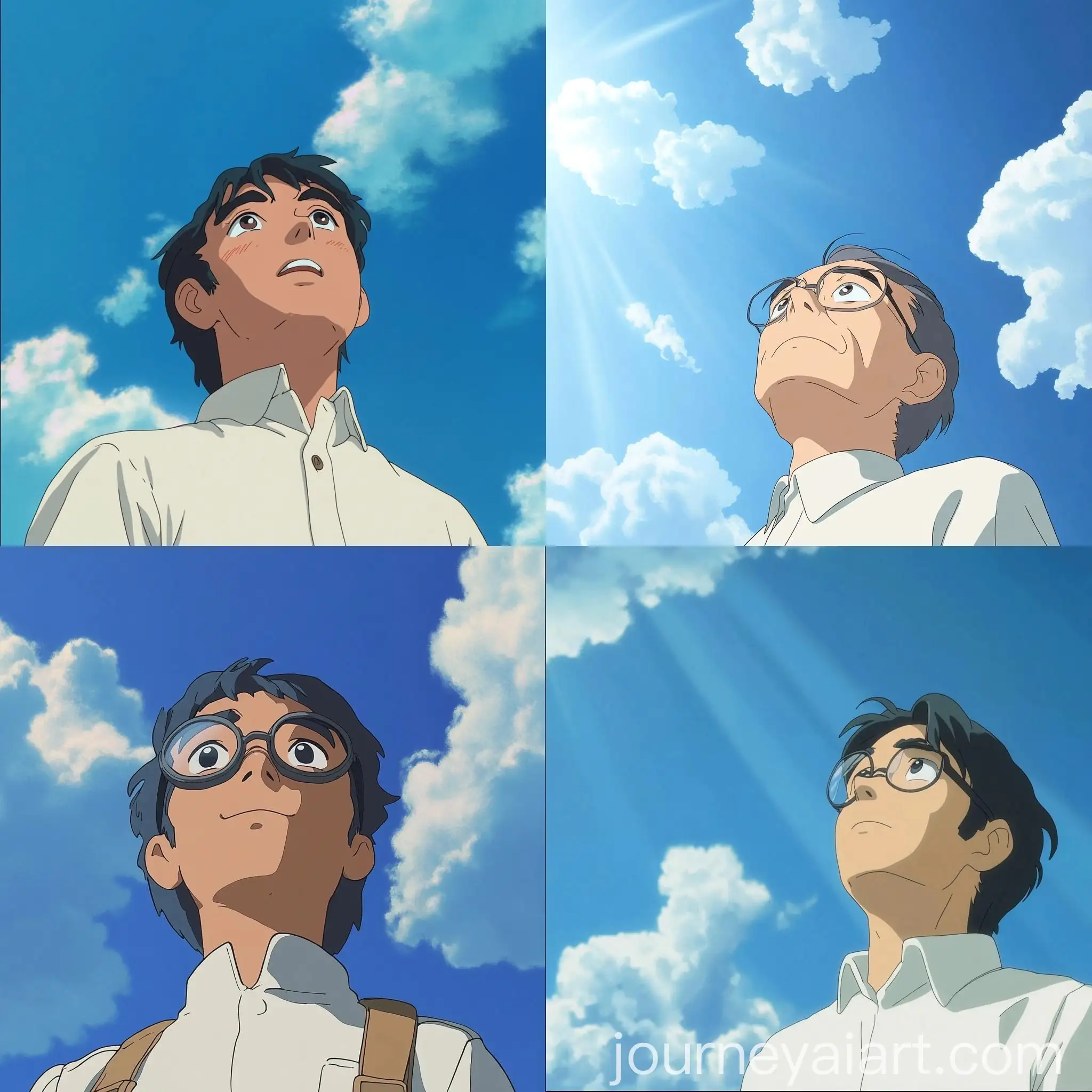 Jiro-Horikoshi-Looks-Up-at-Blue-Sky-with-Clouds-Ghibli-Style