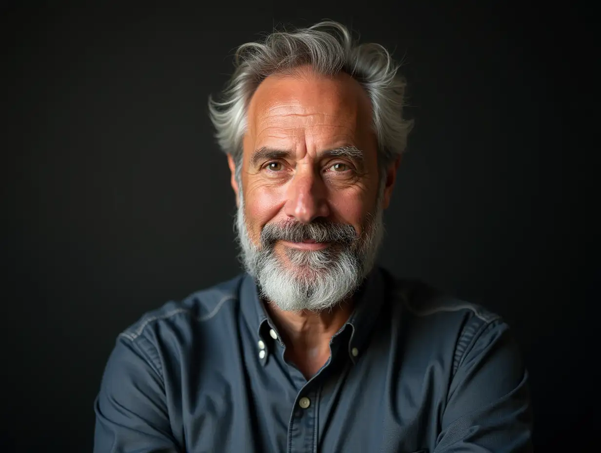 A distinguished, 50-60 year old man with a salt-and-pepper beard, standing confidently in the center of the frame, looking directly into the camera