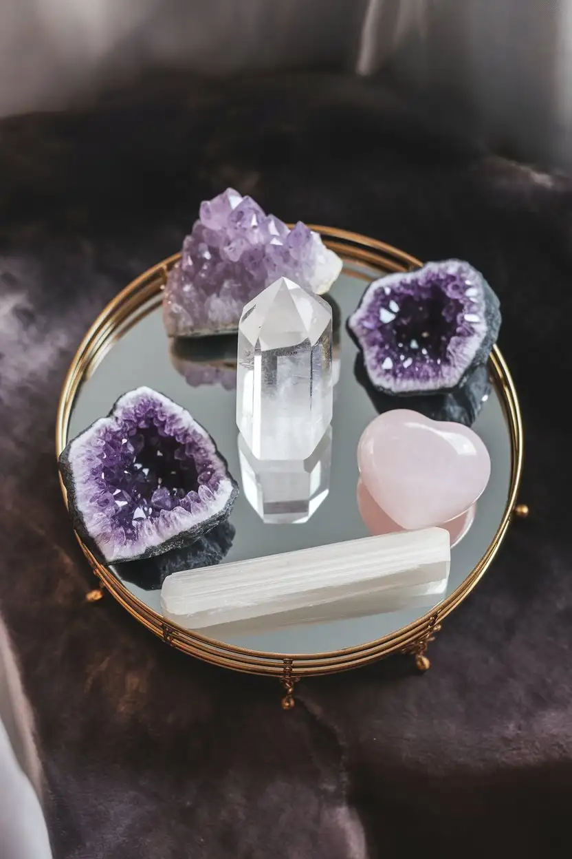 A top-down, detailed view of a small, round mirrored tray serving as a mini altar. The tray holds an assortment of polished crystals. A central, clear quartz point stands tall. Around it are arranged a cluster of purple amethyst geodes, a smooth, pale pink rose quartz heart, and a long, slender piece of white selenite. The crystals are catching soft, diffused light, creating subtle sparkles. The background is a dark, velvety surface. The overall feeling is ethereal and energizing.