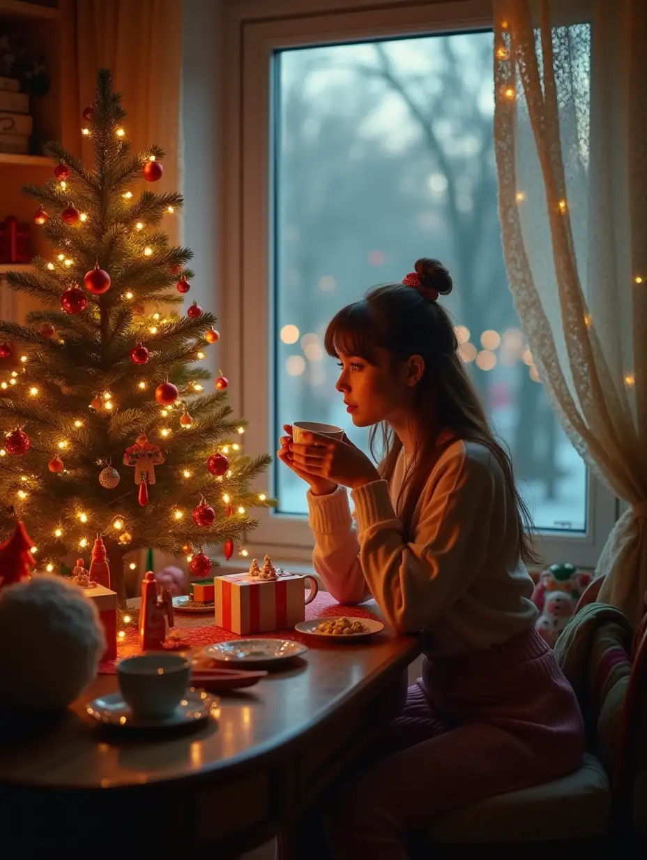 morning, Christmas tree, Christmas toys, garlands, a magical world, a young bimbo woman drinking cappuccino at the window, a picturesque image in a realistic style with cinematic lighting and sequins floating in the air.