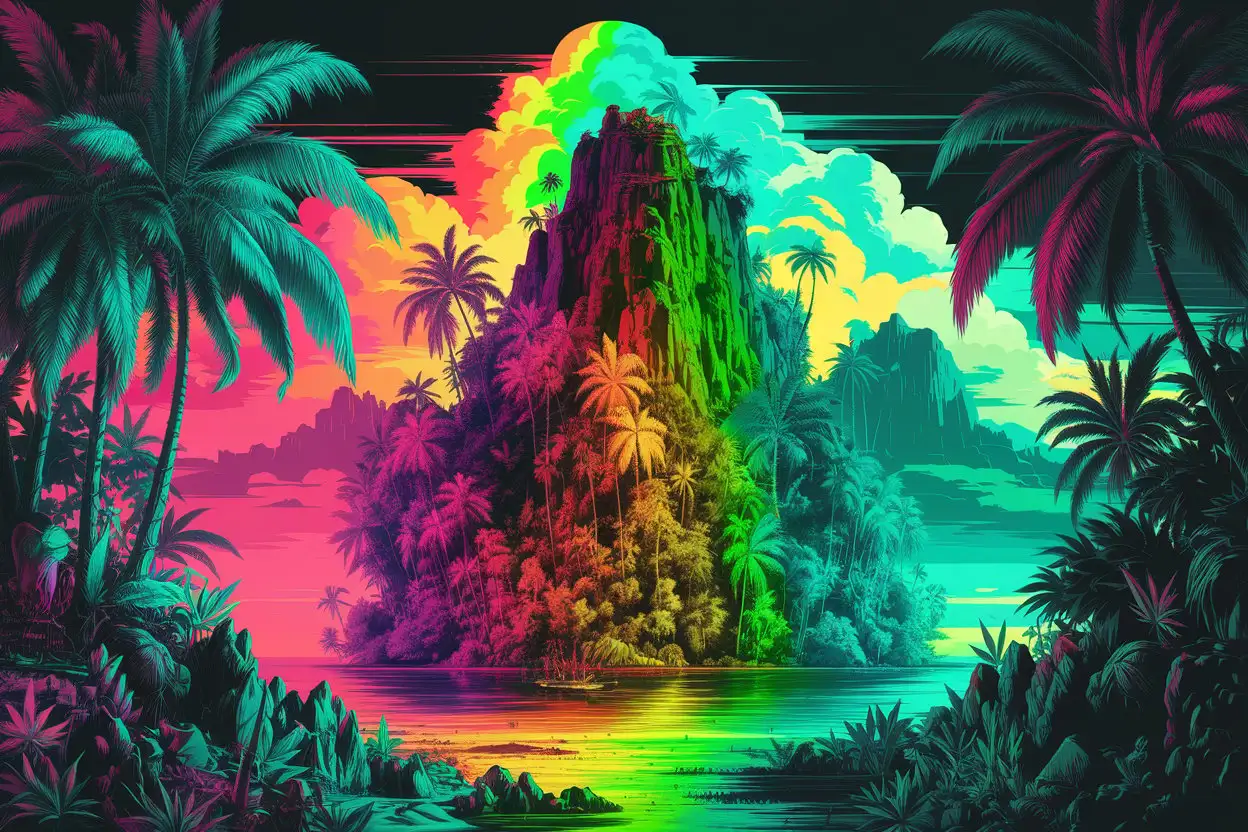 Full screen photorealistic  "digital illustration of a lush&vibrant NEON  razzmatazz red colored tropical  neon green  colored paradise island-punk marijuana style rainforest with rich neon rainbow colors and  Hawaiianx🃏  vista paradise  realms of ether magic.com 