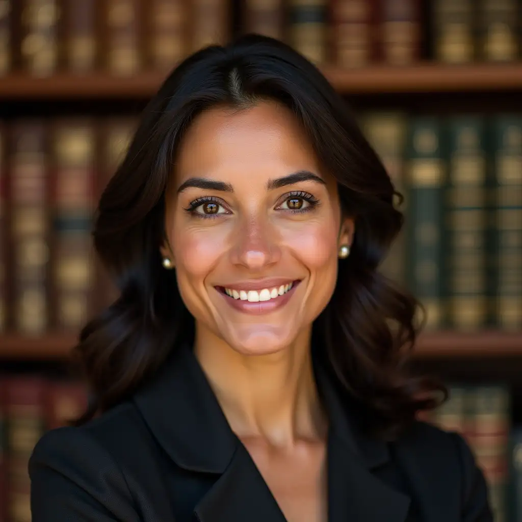 University administrative assistant with tuscan gardens or library academic background. centered in frame. Close-up view showing head and upper torso. Realistic photographic style. Natural professional front light like a professional photo in a studio. Egyptian audlt woman with strong Egyptian features, crooked nose, small face, smiling.