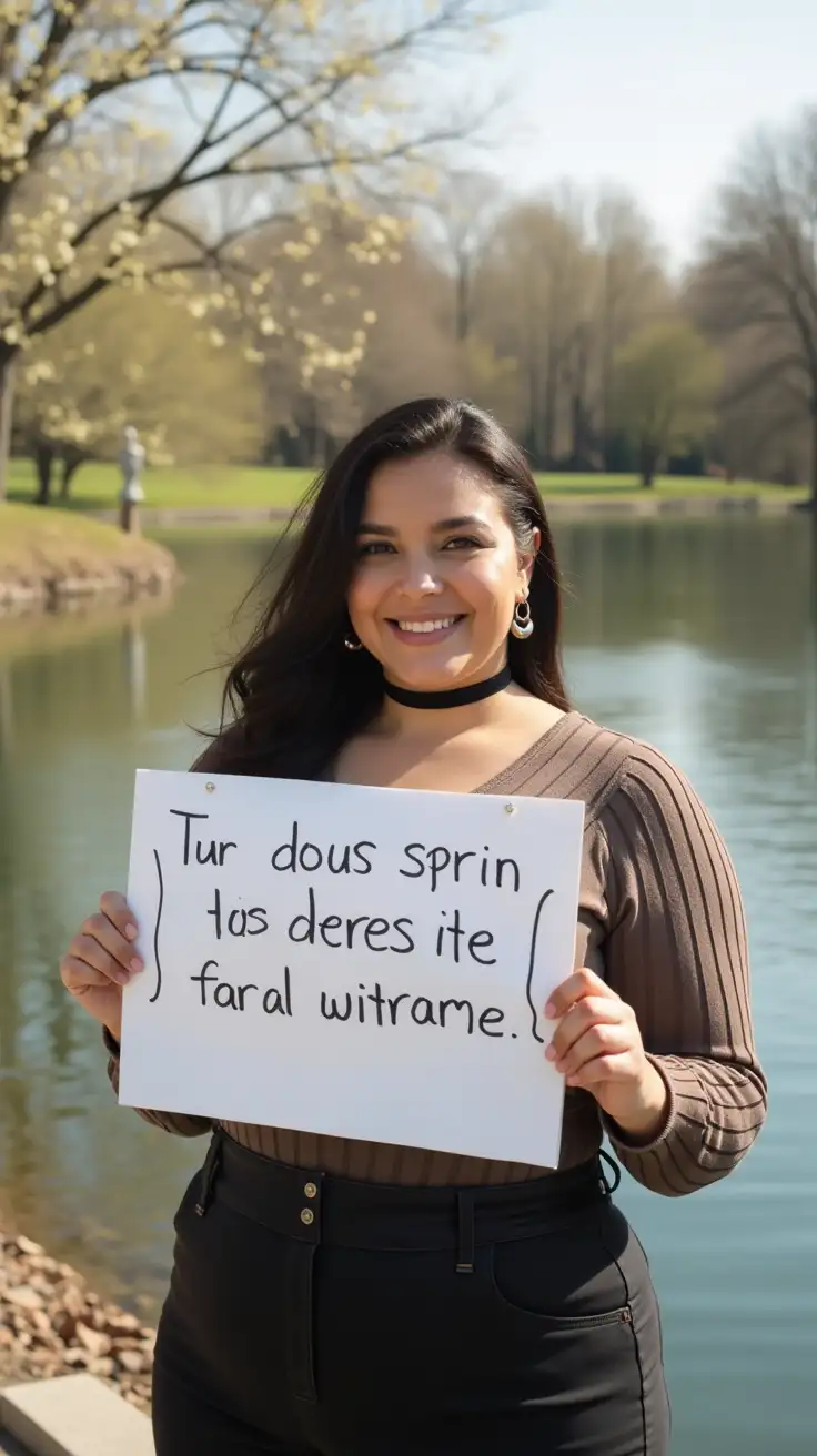 Decent corpulent woman holding a sign with some text, standing by a lake, windy spring day in the city park, blossom trees, sunny weather, narrow tight black latex choker, perfect clear latex reflections, subtle round earrings, subtly smiling at the viewer