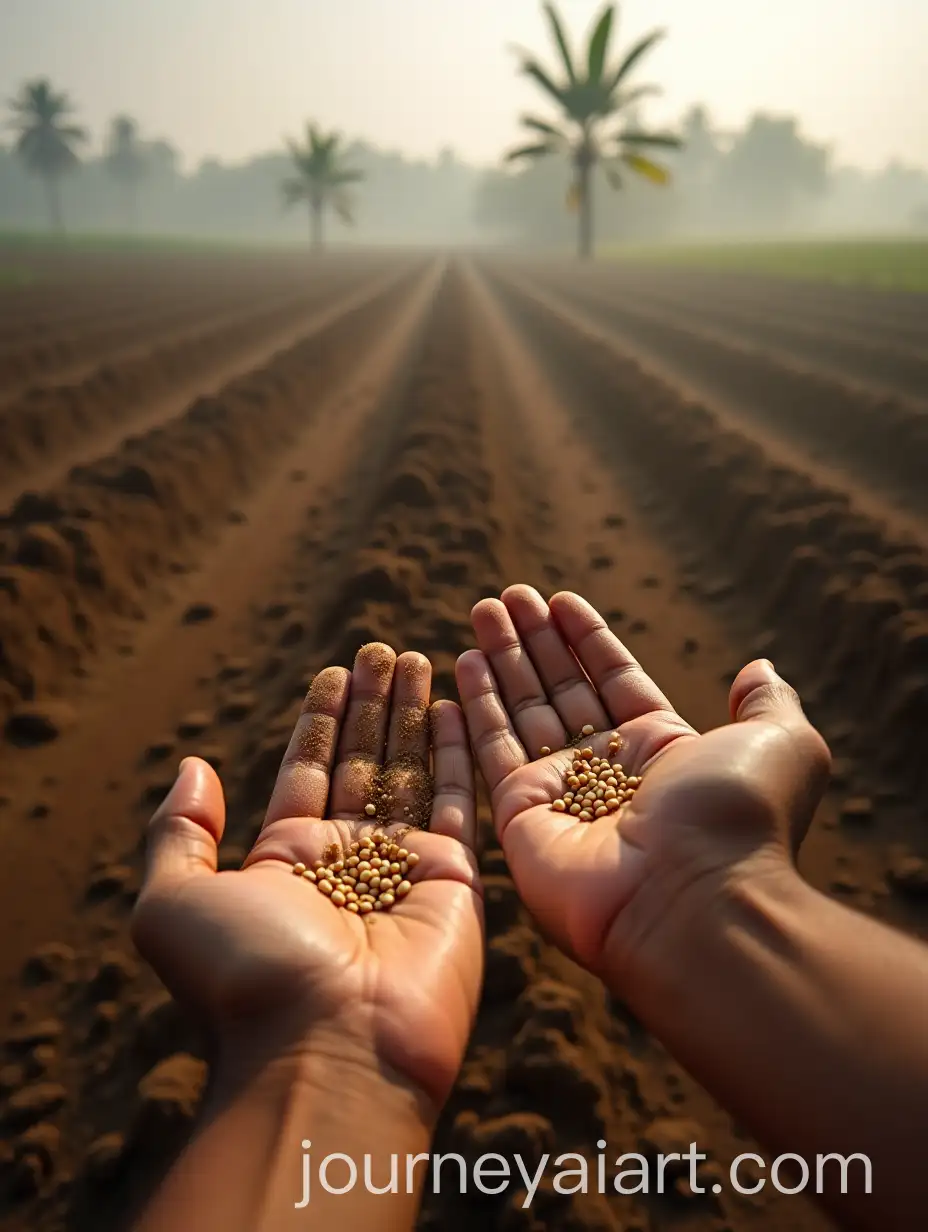 Kneeling-Farmer-Spreading-Corn-Seeds-on-Misty-Farmland
