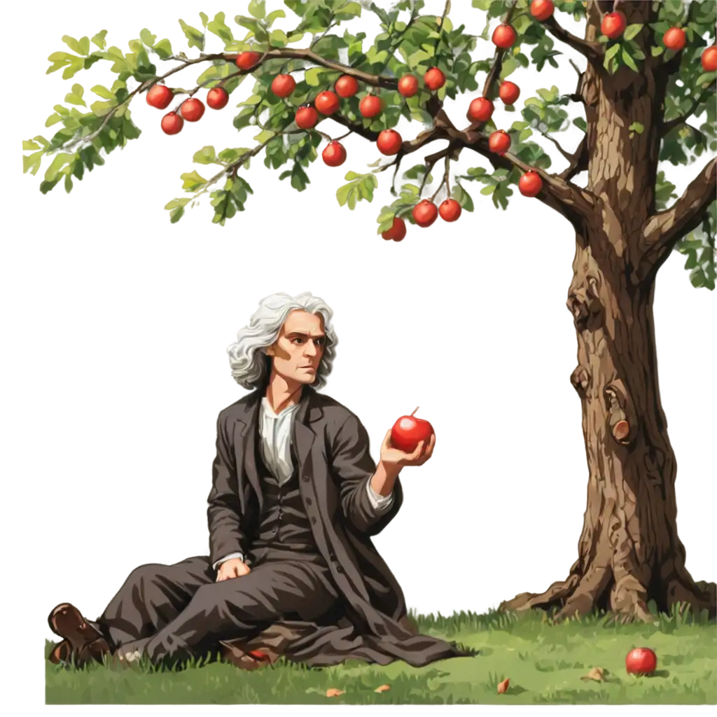 Isaac-Newton-Sitting-Under-an-Apple-Tree-Watching-an-Apple-Fall-Cartoon-Style-PNG-Image