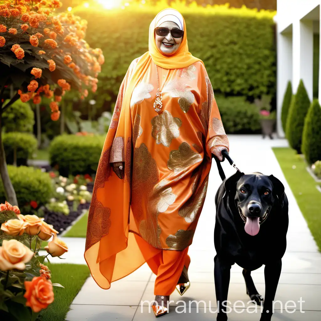 Elderly Muslim Woman with Dog in Vibrant Garden Setting