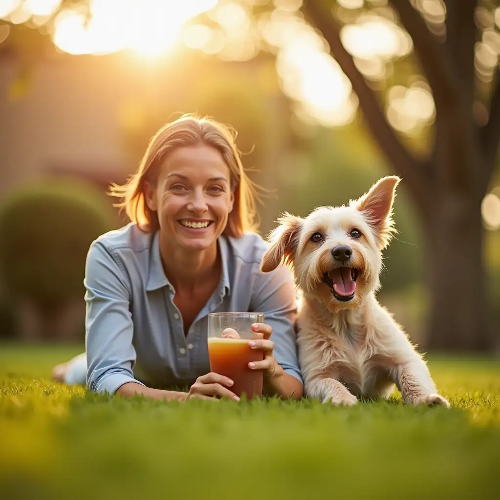 A warm, natural-looking image showing a happy customer smiling with their dog in a clean, freshly maintained backyard. The dog should be playfully running or sitting beside the owner, while the owner looks relaxed and satisfied, possibly holding a drink. The composition should focus on the customer's joyful expression and the dog’s excitement, captured using a medium close-up shot (50mm-85mm lens, straight-on angle, f/2.8 aperture, ISO 100, 1/320s shutter speed). The background should be softly blurred, with golden sunlight filtering through trees, casting subtle lens flares for a dreamy effect.