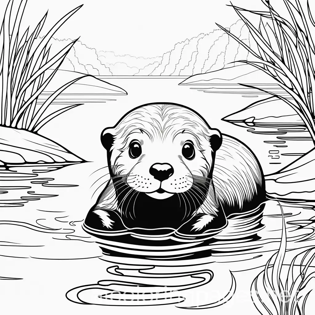 baby otter swimming down narrow river, Coloring Page, black and white, line art, white background, Simplicity, Ample White Space. The background of the coloring page is plain white to make it easy for young children to color within the lines. The outlines of all the subjects are easy to distinguish, making it simple for kids to color without too much difficulty