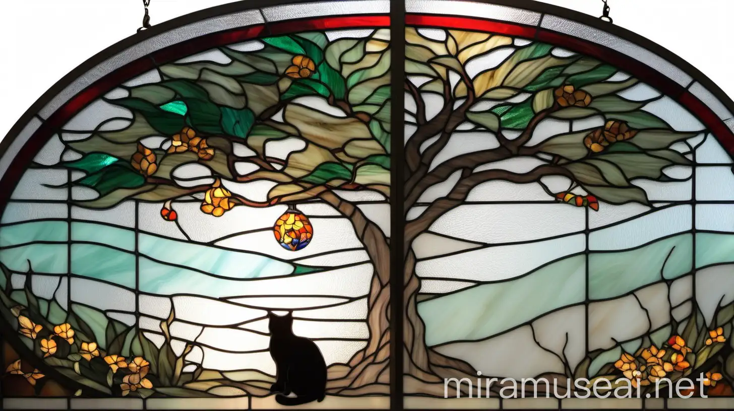 Stained Glass Partition Window with Tree and Cat in Tiffany Style