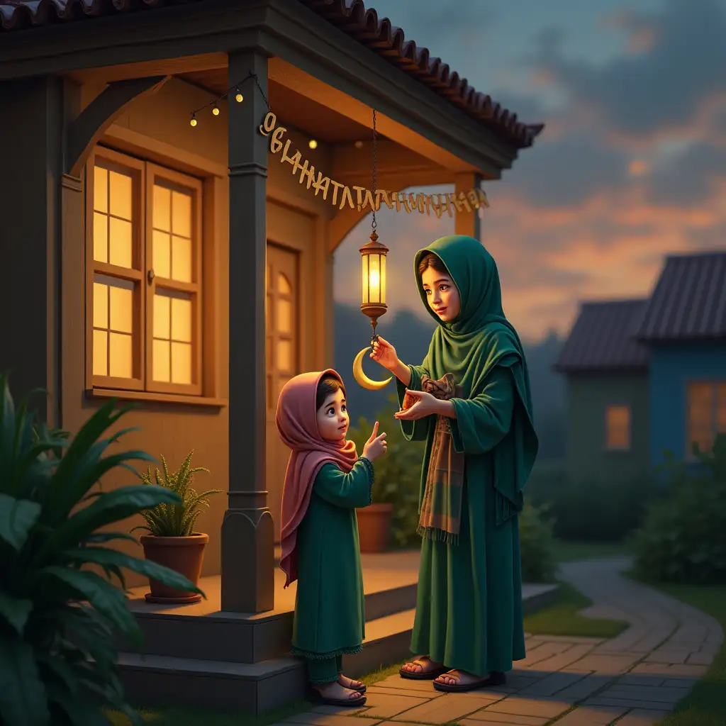 A 7 year old girl wearing a hijab and a green dress is standing in front of her house decorated with ornaments saying 'Selamat Ramadhan'. She is holding a crescent moon decoration. Next to her, the mother is hanging a lantern. The background shows an evening scene with a colored sky.