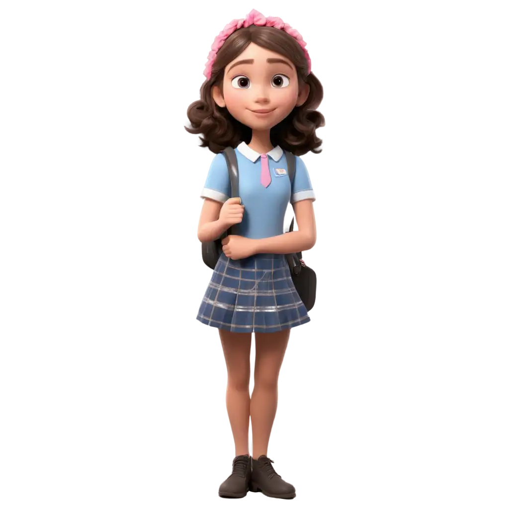 3D-Pixar-Cartoon-PNG-of-a-Young-Girl-in-Plaid-School-Uniform-with-Pink-Flower-Hairpin