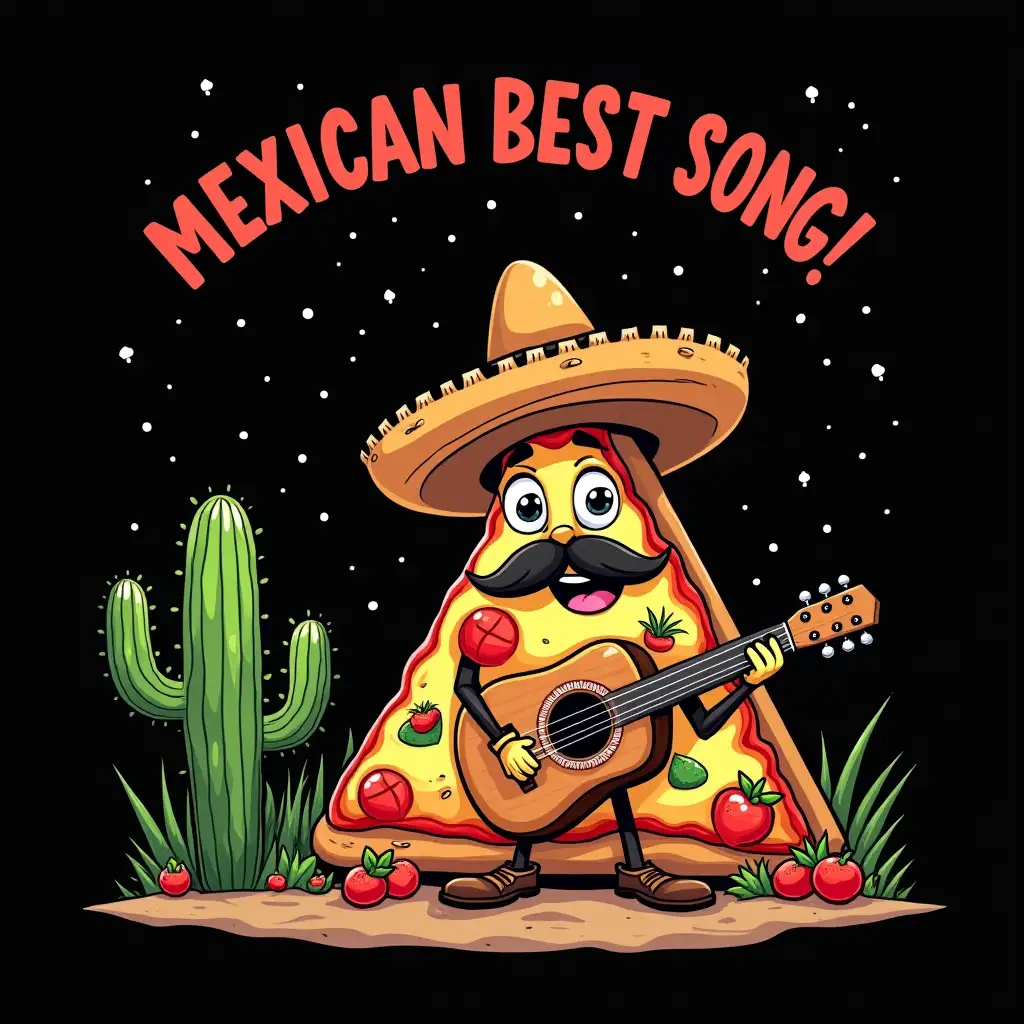 illustration suitable for screen printed T-Shirt design, concept art with mixed vegan anthropomorphic pizza triangle with eyes and mouth and big mustache till ground and grass joint wearing sombrero and near is cactus playing guitar, there is a written word upper: MEXICAN BEST SONG! star skies, CGI art highly detailed, vector Flat design, clean bold, sharp crisp outlines, isolated in black background