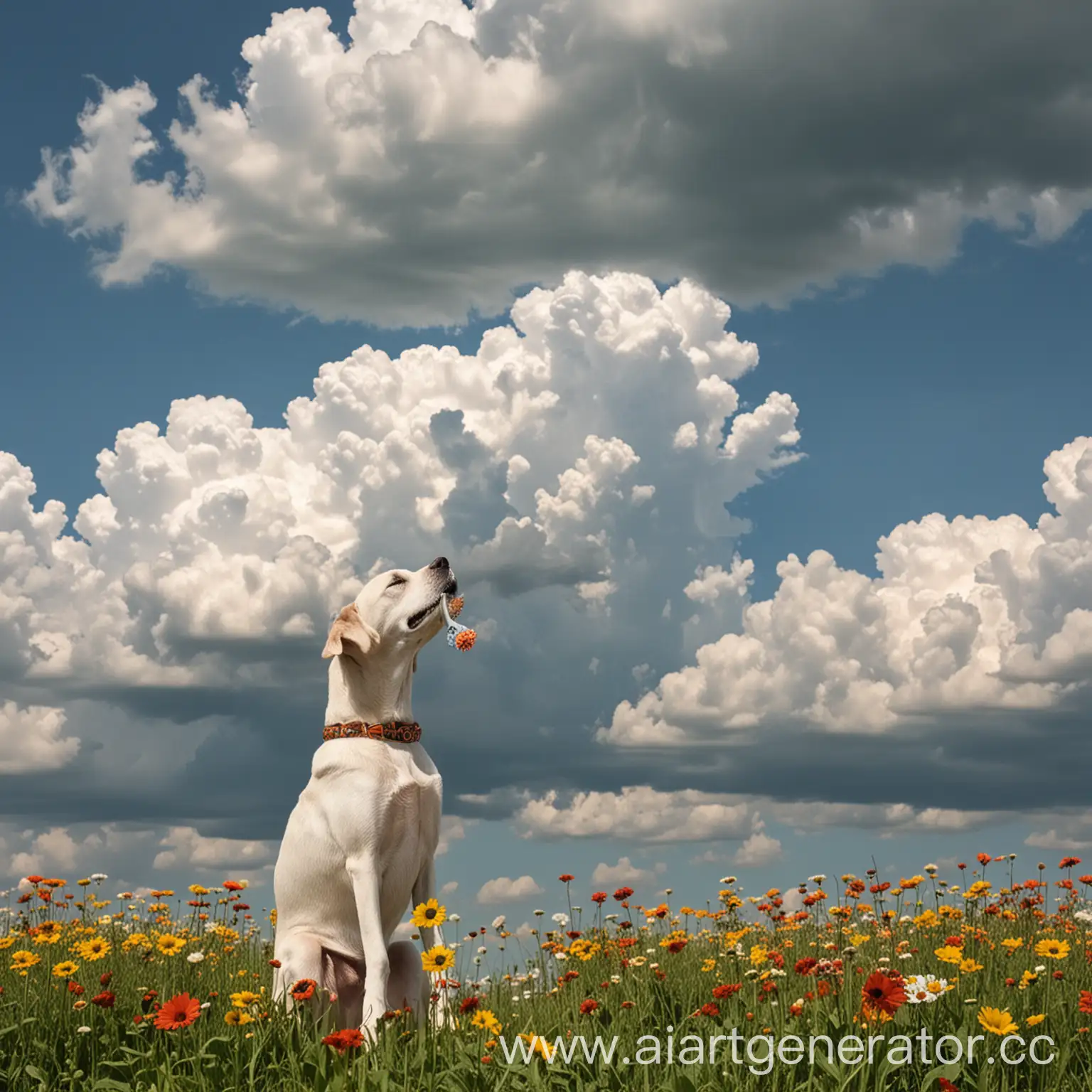 Person-Playing-Harmonica-Under-Floating-Clouds-with-Flower-Dog-Pooping