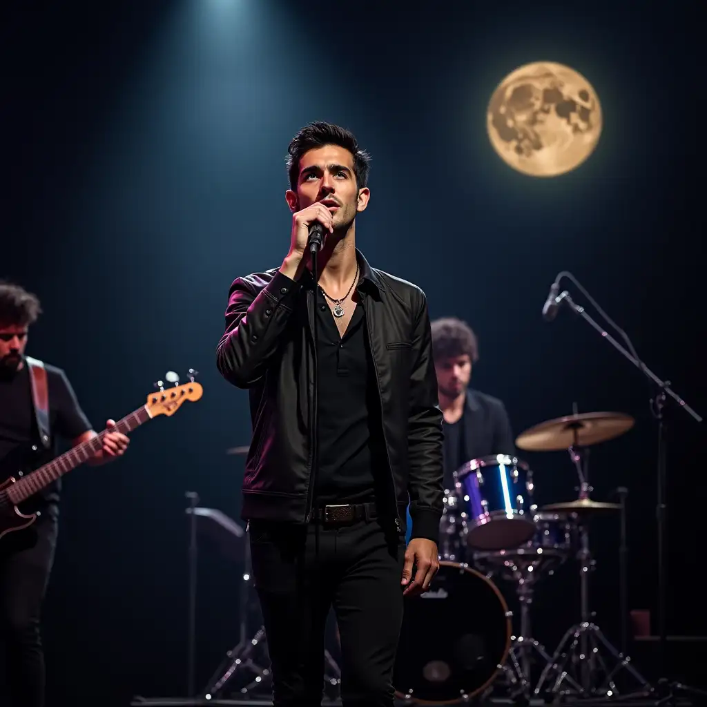 Handsome man on a stage with his music group (bassist, guitar and drums), very handsome at the age of 27, with black hair and green eyes with a microphone in his hand singing and the moon in the background