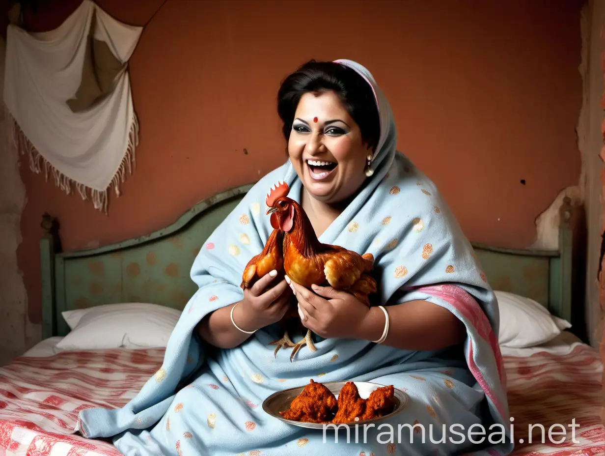 in an old broken house an mature curvy fat woman wearing a blanket sitting on a bed , holding a chicken tandoori plate , she is happy and laughing , with bun thick hairs, wearing a lots of pearl ornaments, she is in full make up,, she is happy and laughing. broken wall is in background