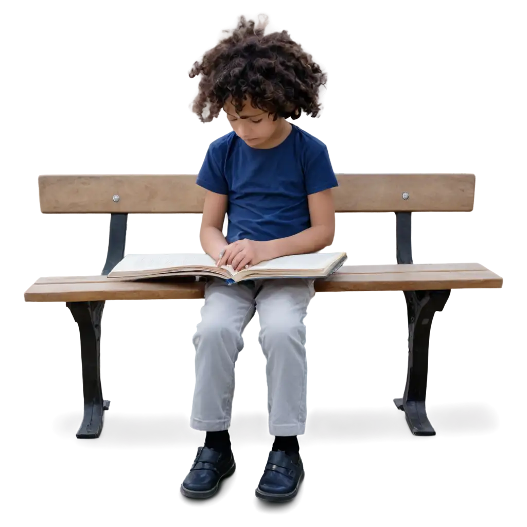 young child sitting on a bench reading a very thick book about poems