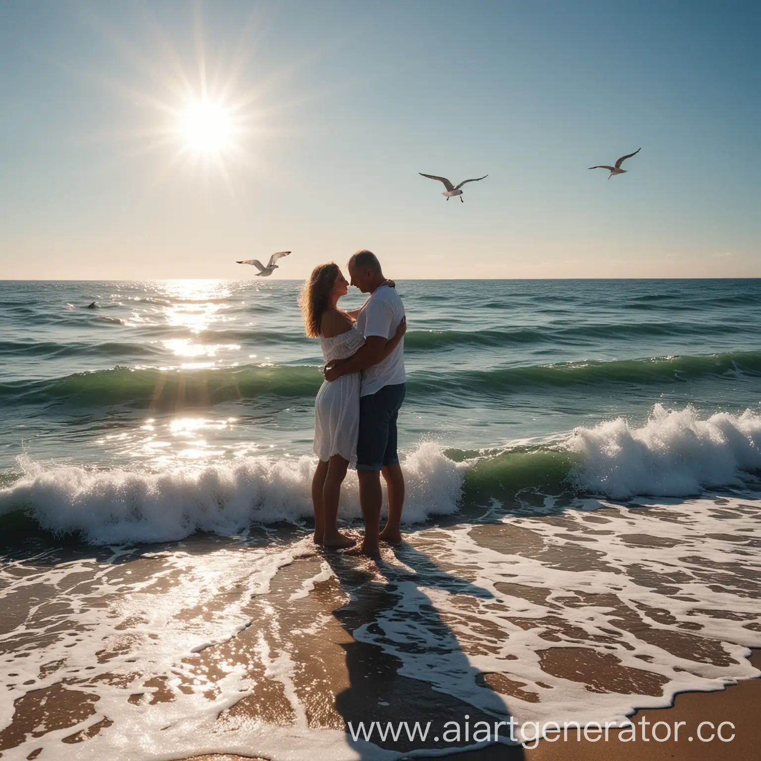 Couple-Hugging-on-the-Beach-with-Calm-Sea-and-Seagulls