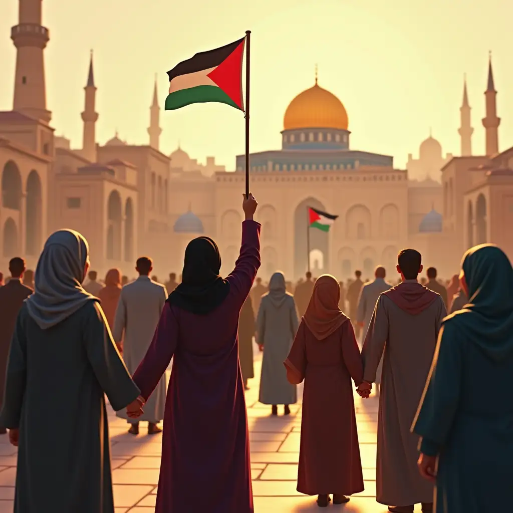 Large square – Women and men hand in hand, all hijabi and in unity, holding up the Palestine flag, praying together in the open (Al-Aqsa mosque in the background). semi-realistic digital art warm ambient lighting modern animation style, story-driven, culturally accurate