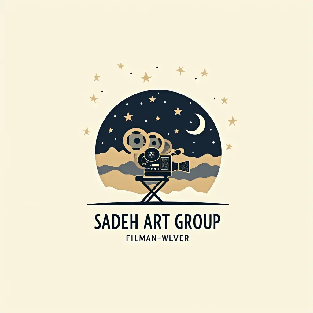 Design a logo for the filmmaking art group 'Sadeh Art Group' that is suitable for use as a stamp. The design should be simple, minimal, and feature clean lines for easy application on various surfaces. Incorporate a movie camera as the central symbol, creatively integrated with a director’s chair. Subtly include elements of the night sky (e.g., stars or a crescent moon) in a non-complex manner. The group’s name, 'Sadeh Art Group,' should be displayed legibly yet artistically. Limit the color palette to classic tones (e.g., black, gold, or dark blue) to ensure versatility for stamping. The final design should feel professional, timeless, and symbolic, capturing the essence of filmmaking artistry.