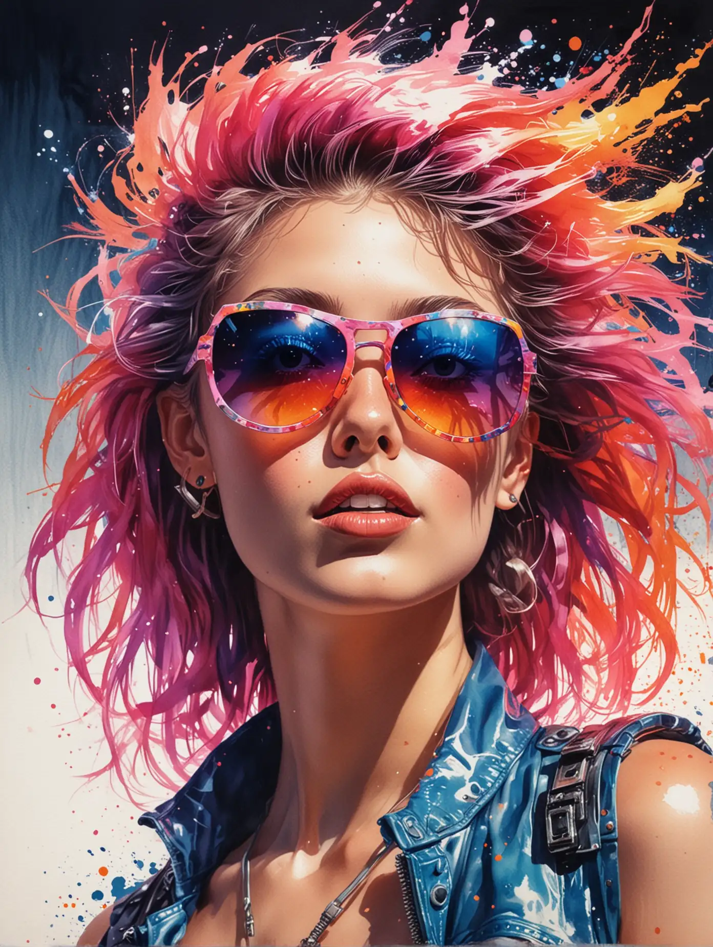 Futuristic Neon Punk Wave Retro Portrait of a Beautiful Girl in Miami 80s Style