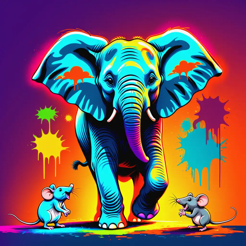 Scared Elephant and Mouse in Colorful Bright Scene