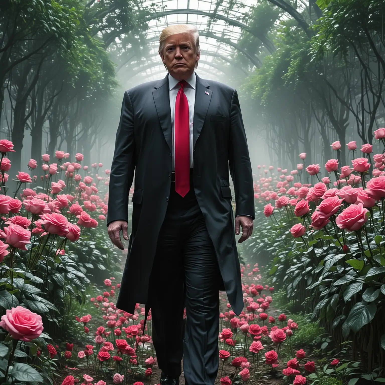 Donald-Trump-Walking-Through-Cyberpunk-Garden-with-Roses