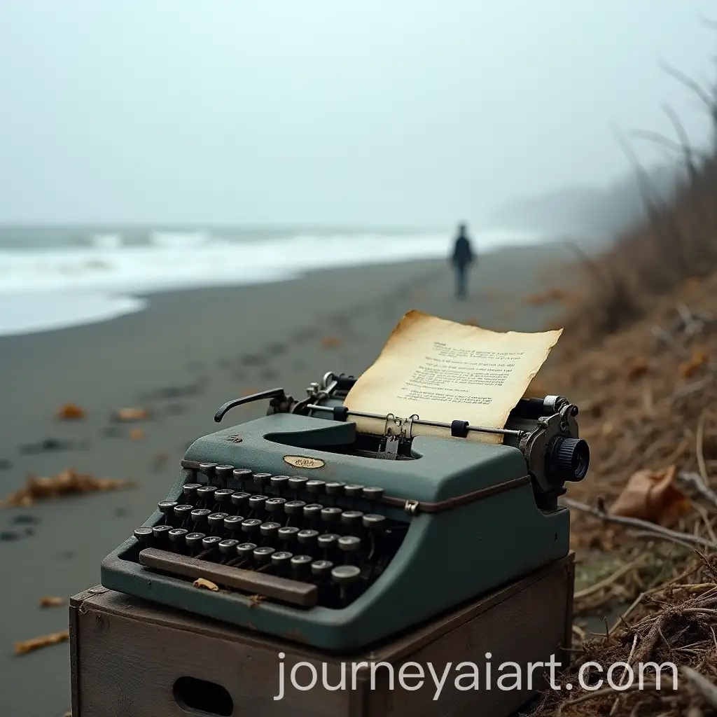 Desolate-Windswept-Coastline-with-Typewriter-and-Faded-Page