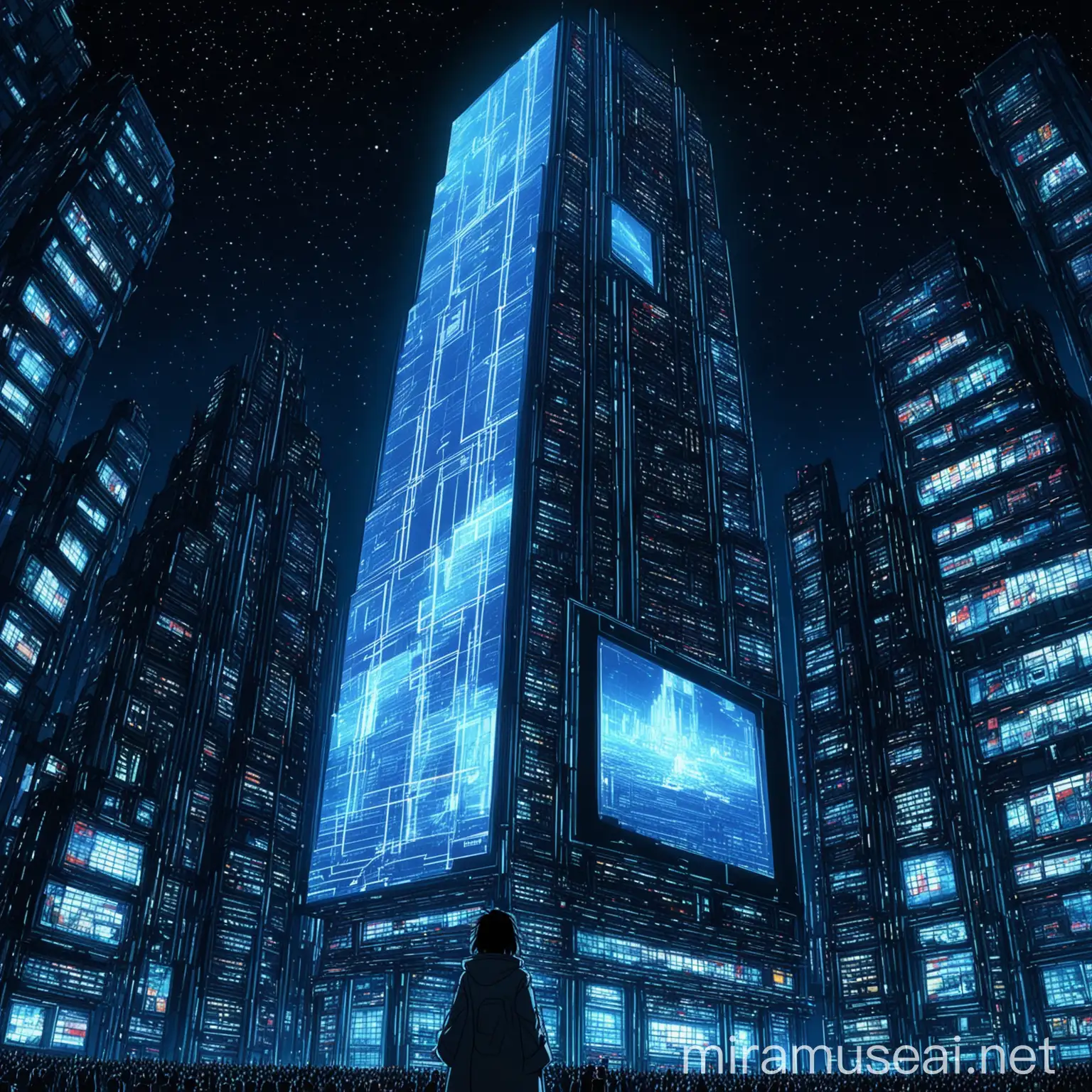 Futuristic Anime Skyscraper Screen at Night