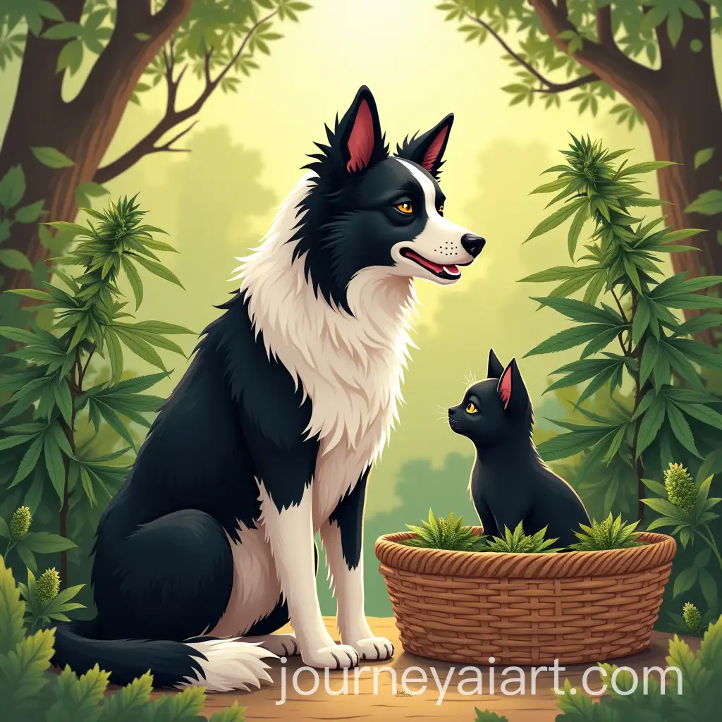 Peaceful-Friendship-Between-Border-Collie-Dog-and-Black-Cat-in-Natural-Cannabis-Setting