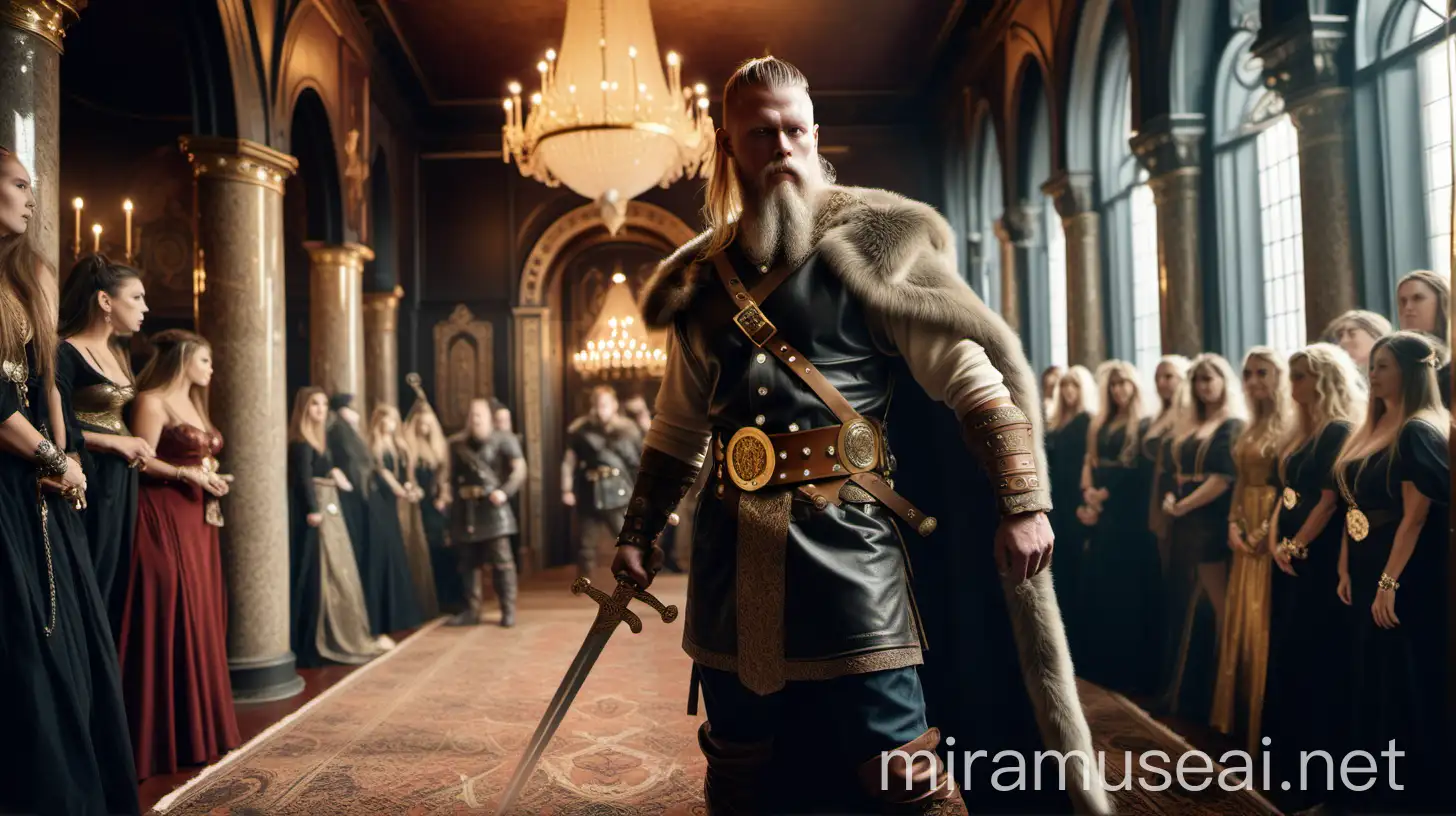 Viking War Leader Raising Sword in Victorian Castle with Gold and Women