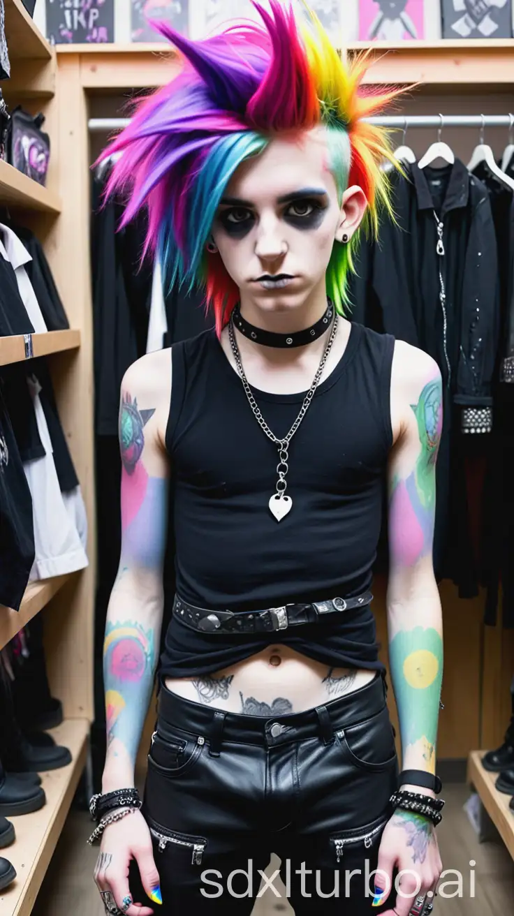 A rainbow-haired punk boy at an alternative fashion shop trying on an androgynous goth style costume