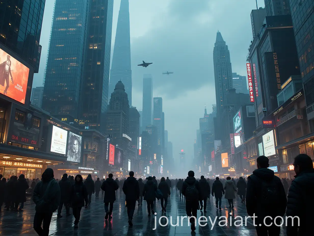 Futuristic-City-Skyline-at-Dusk-with-Flying-Cars-and-Holographic-Billboards