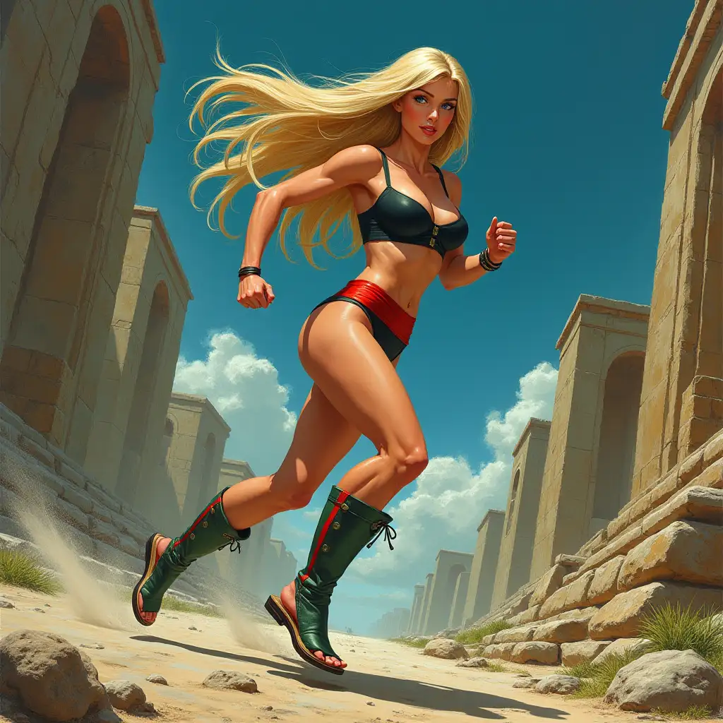 side-profile-view of A Beautiful blonde woman, comics super-heroine, turn-around head to camera-us, running action dynamic dramatic pose,very-very-2-meters-long straight blonde hair, very-small-breast, black-bra red-slim-belt green-short red-strip-high-sandals, realistic face, realistic perfect athletic body, blue eyes, very long body, 3 meters tall, huge thich tighs, muscular legs, very long legs, big round beautiful butt, perfect face, perfect hands with five fingers, perfect delicate slim feet with five toes, oil painting in the style of Boris Vallejo, Clyde Caldwell, evident brush strokes. The background has an ancient city, like ancient Atlantis. The sky is dark blue, with clouds. Worm-eye-view-angle.