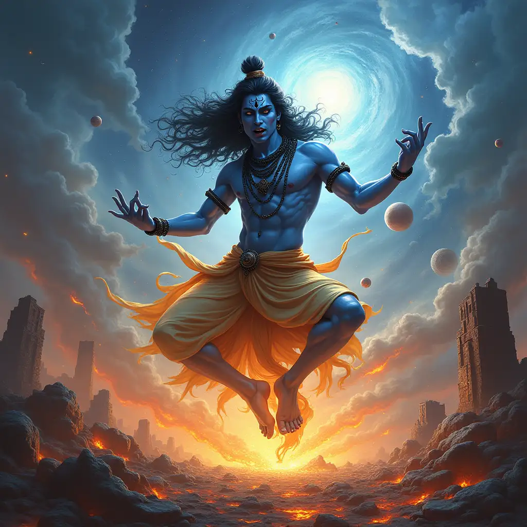 A dramatic depiction of Lord Shiva performing the Tandav dance in a cosmic setting. His figure is powerful and dynamic, with flowing hair and a fierce expression that reflects intense emotion. His vibrant blue skin symbolizes his divine nature, and he is adorned with traditional jewelry. Surrounding him are swirling clouds and fiery elements, representing the destruction and creation within the universe. The ground beneath him is a mix of lava and ancient ruins, emphasizing the power of his dance. In the background, celestial bodies like stars and planets are visible, highlighting the cosmic context of this majestic scene. Energy flows from his movements, creating an aura of light and shadow, capturing the essence of the Tandav dance as a representation of the constant cycle of life, death, and rebirth.