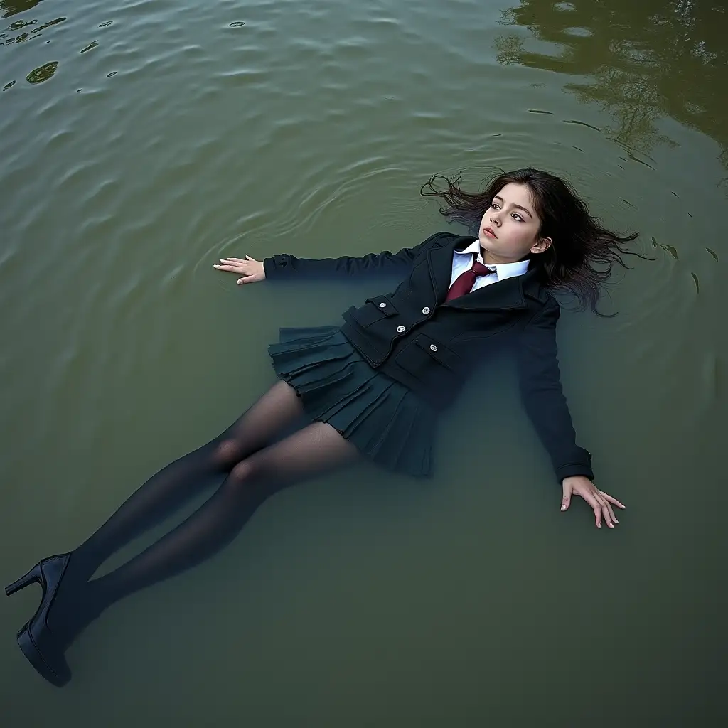 A young schoolgirl in a school uniform, with a skirt, jacket, blouse, dark tights, high-heeled shoes. She swims in a dirty pond, lies under water, in water up to her neck, the whole body is under water, submerged in water, under the surface of the water, all clothes are completely wet, clothes are soaked through, there are no dry areas of clothing, wet clothes stick to the body.