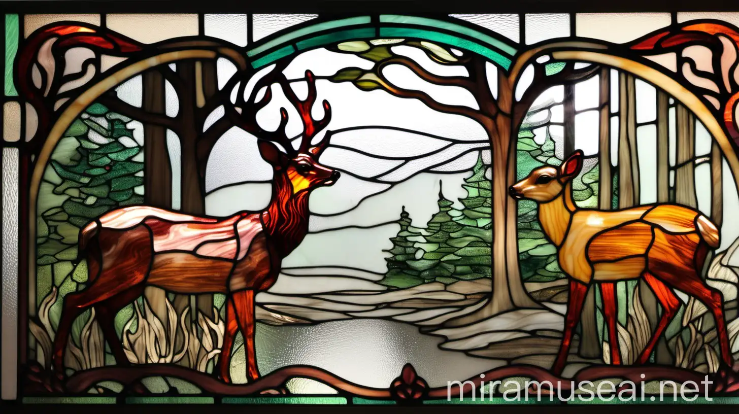 Art Nouveau Stained Glass Deer in Forest