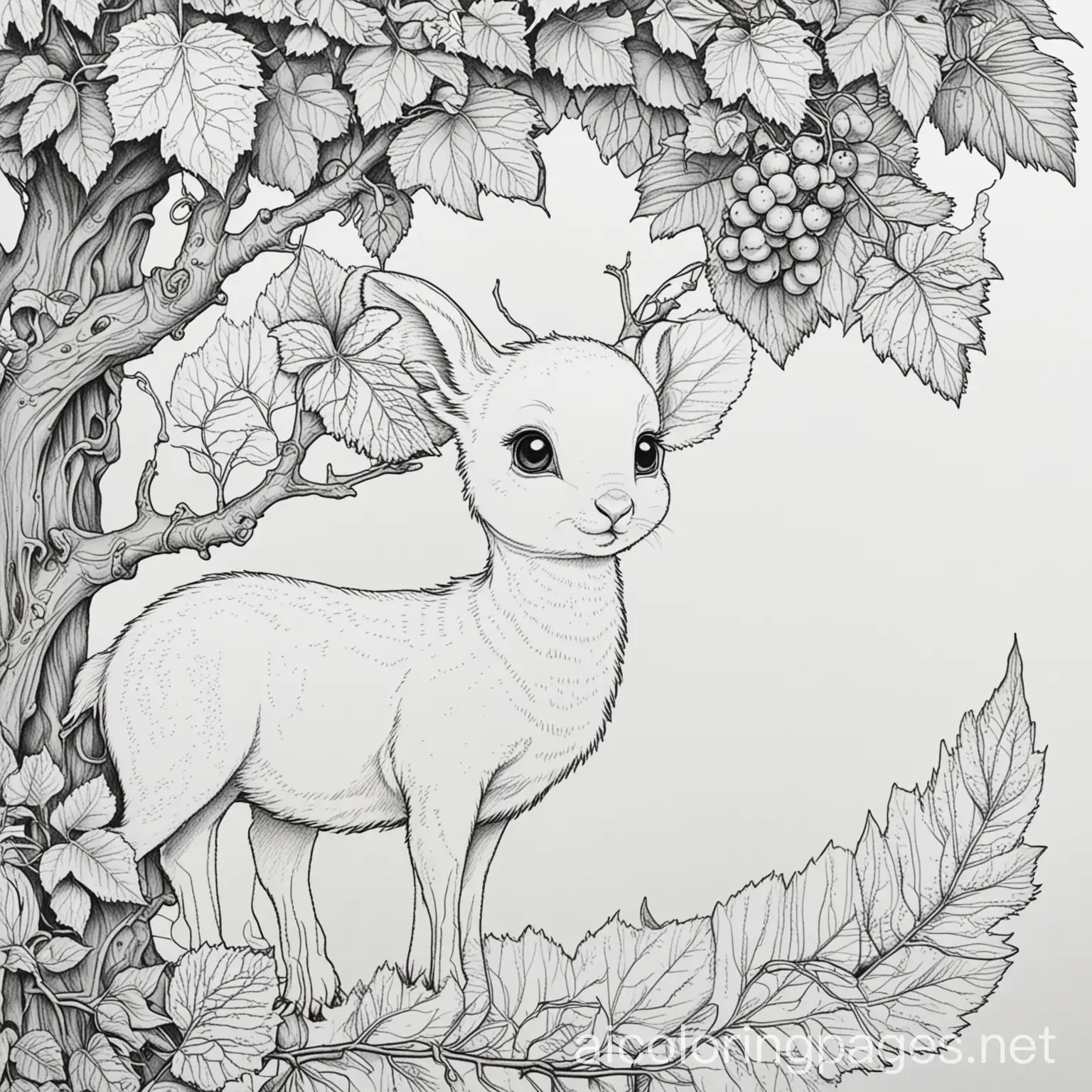 Roe-Under-Grapevine-Coloring-Page-Black-and-White-Line-Art