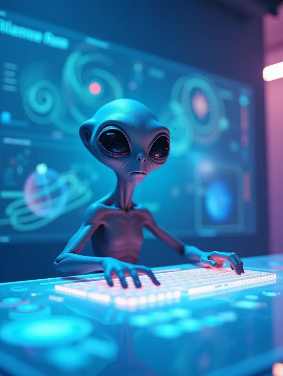 In a futuristic room illuminated by soft blue and purple hues, a grey alien with a smooth, oblong head and large, expressive eyes sits at a sleek, translucent desk. Its slender neck supports a small, unadorned face, featuring diminutive nostrils. The alien's three-fingered hand gracefully hovers over a glowing, holographic keyboard, where symbols flicker in vibrant colors. Surrounding the alien are intricate holographic projections displaying swirling data and cosmic maps, contributing to an atmosphere of advanced technology and mystery, evoking curiosity and wonder. Show the alien straight from the front view.