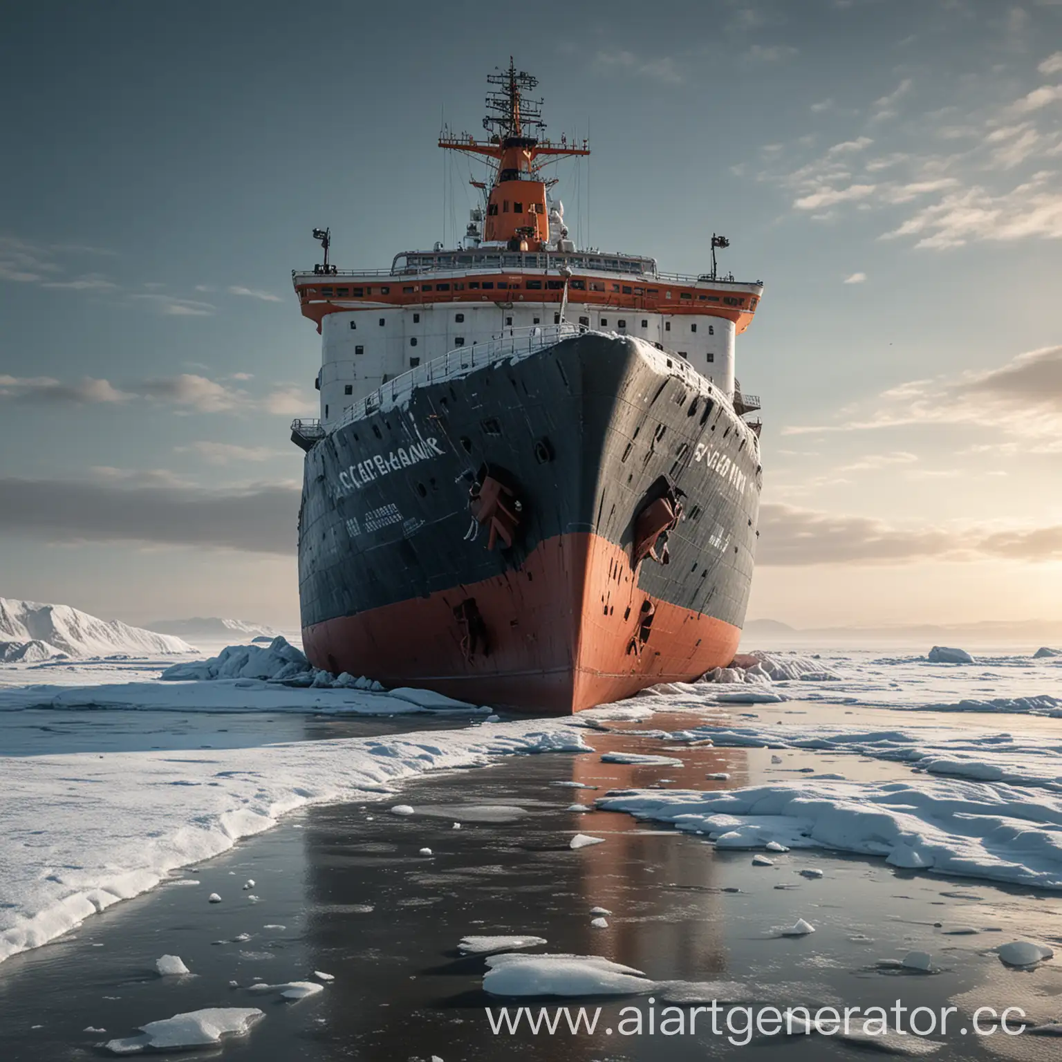 (photorealistic, majestic) a huge frozen full-face icebreaker ran aground on a warm beach