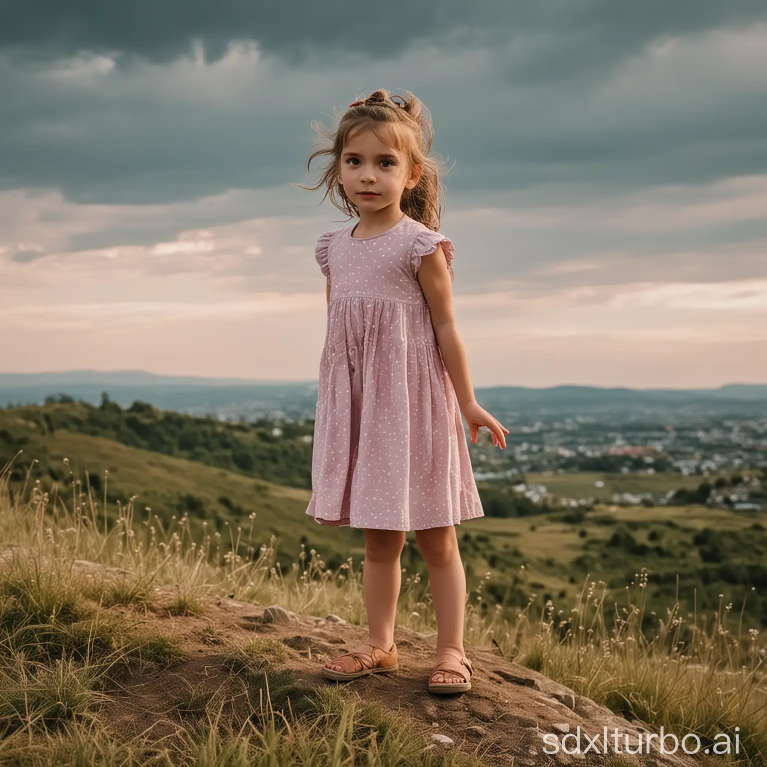 Little-Girl-Standing-on-Hilltop-in-Serene-Sunset-Landscape