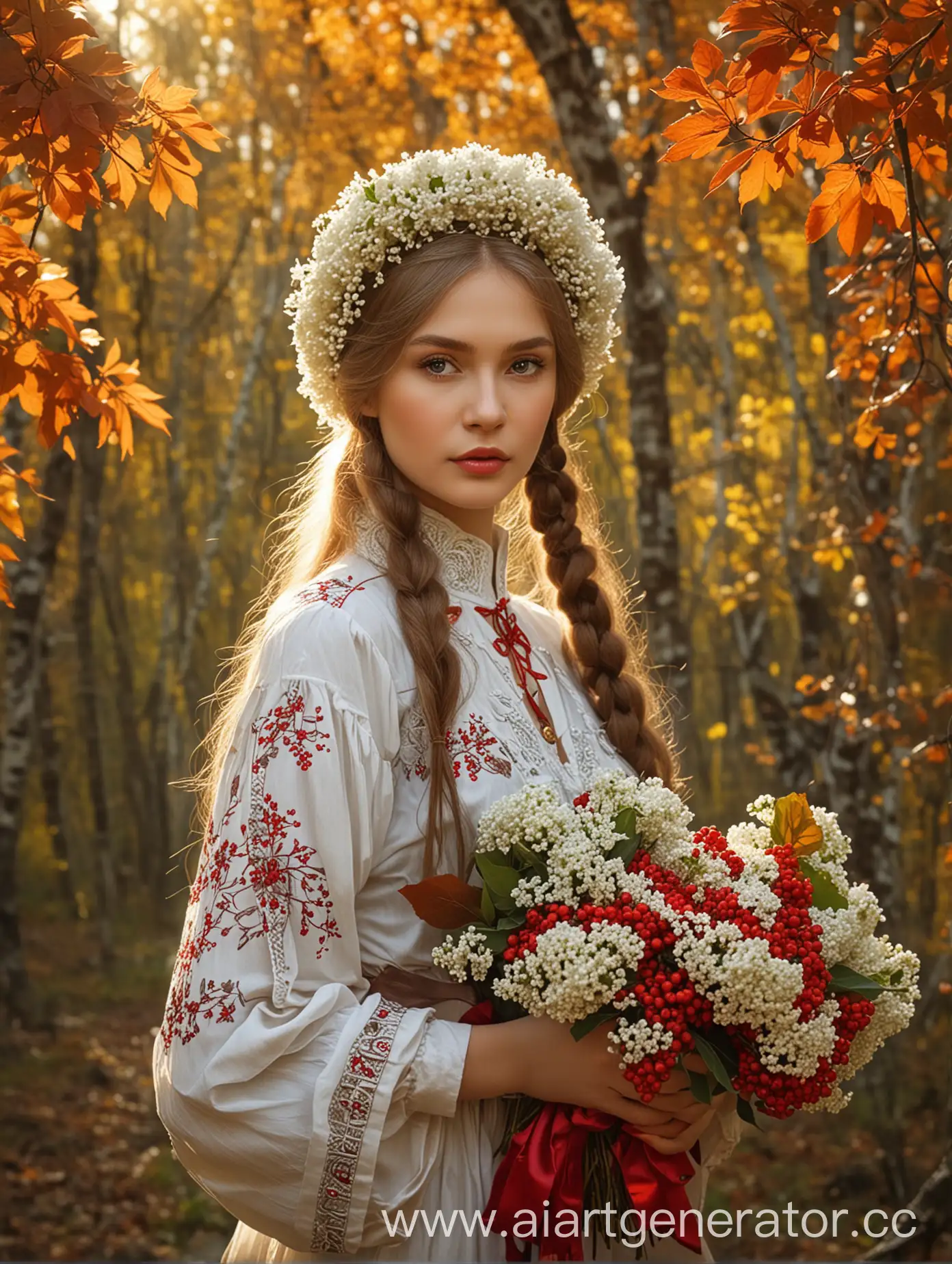 Russian-Girl-in-Kokoshnik-with-Viburnum-Bouquet-and-Autumn-Birch-Trees