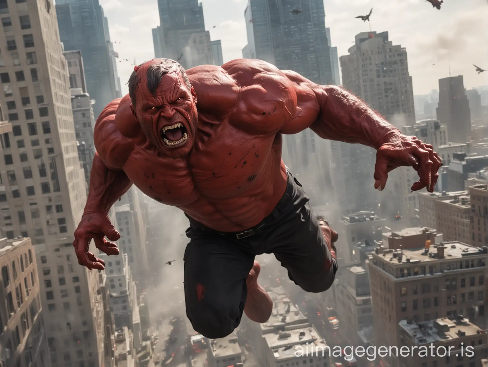 Harrison Ford as Red Hulk, who is wreaking havoc in the city, Anthony Muskie disguised as the Falcon tries to stop the Red Hulk while flying through the air There is an uproar among the people