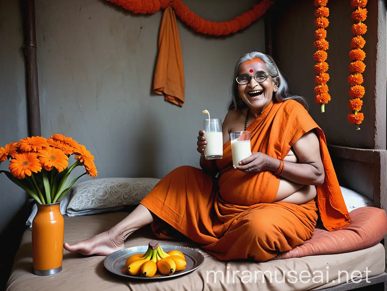 Joyful Elderly Hindu Woman Monk in Ashram with Milk and Banana