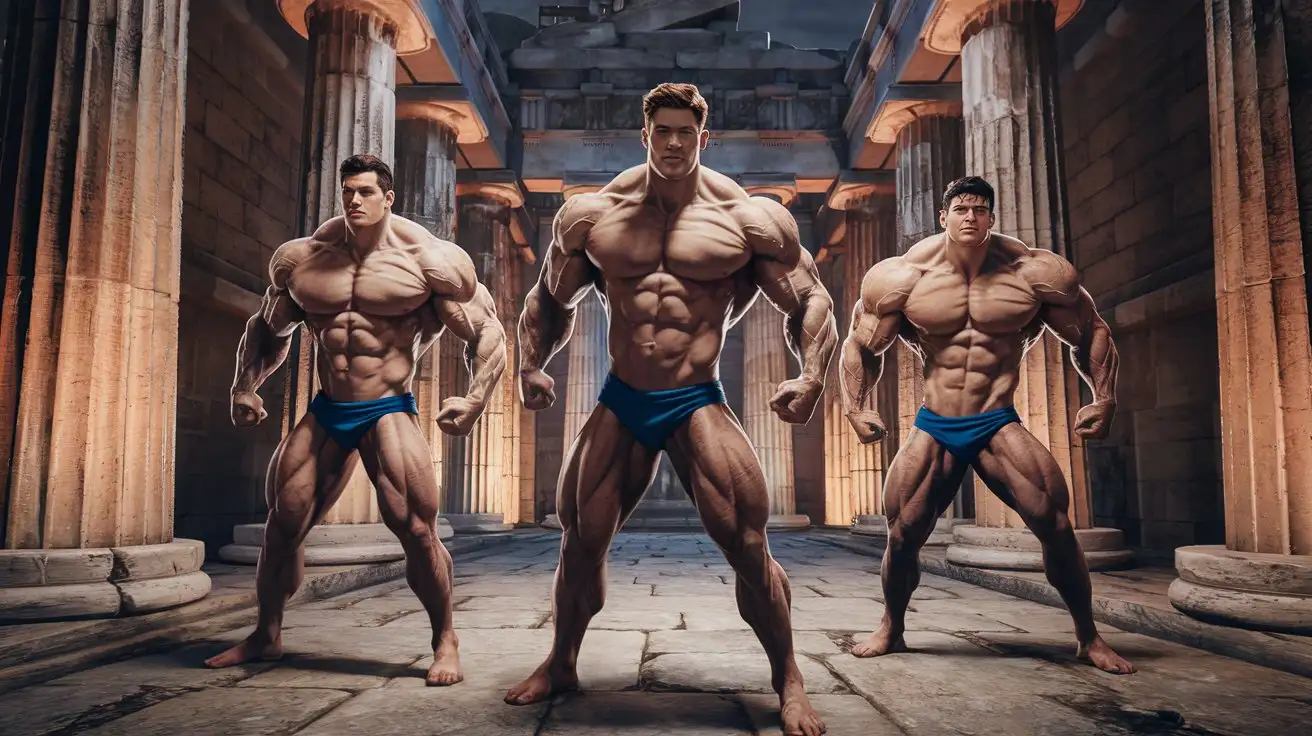 In an Ancient Greek temple. Three powerfully muscled, hugely ripped, pumped muscles superheroes discover their awesome superpowers for the first time. 21 years old. Photorealistic.