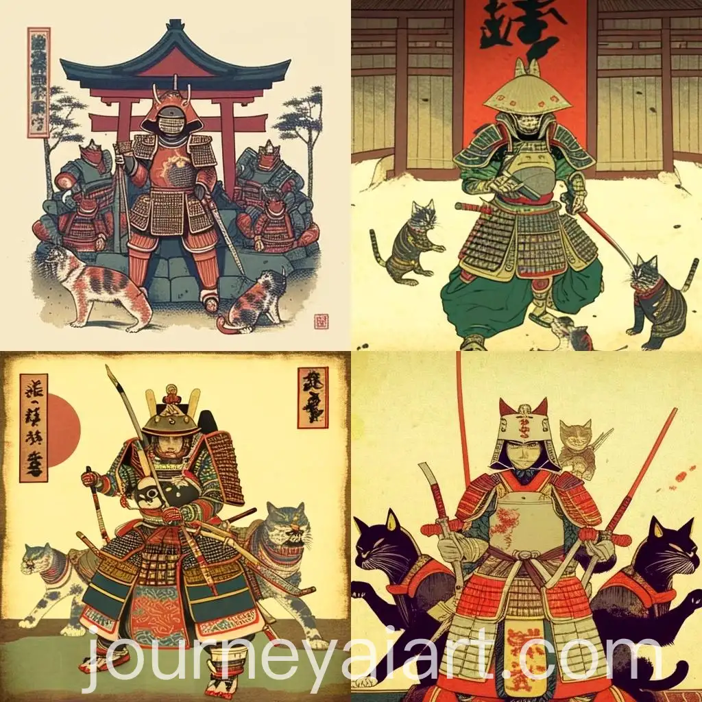 Samurai-Warrior-in-Armor-with-Cats-in-Shrine-Ukiyoe-Style-on-Aged-Paper