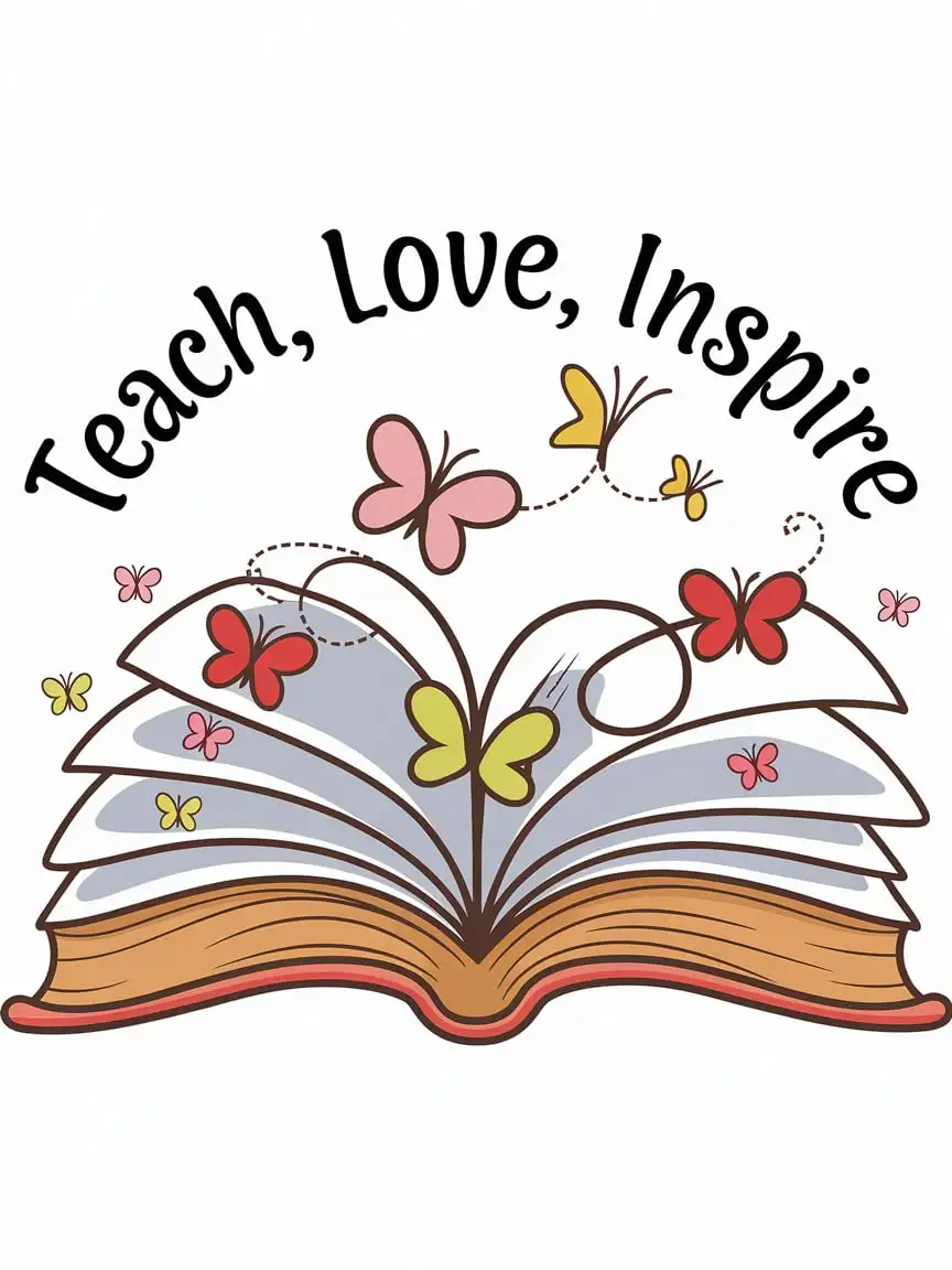 Teach Love Inspire Playful Cartoon Open Book Turning Pages into Butterflies