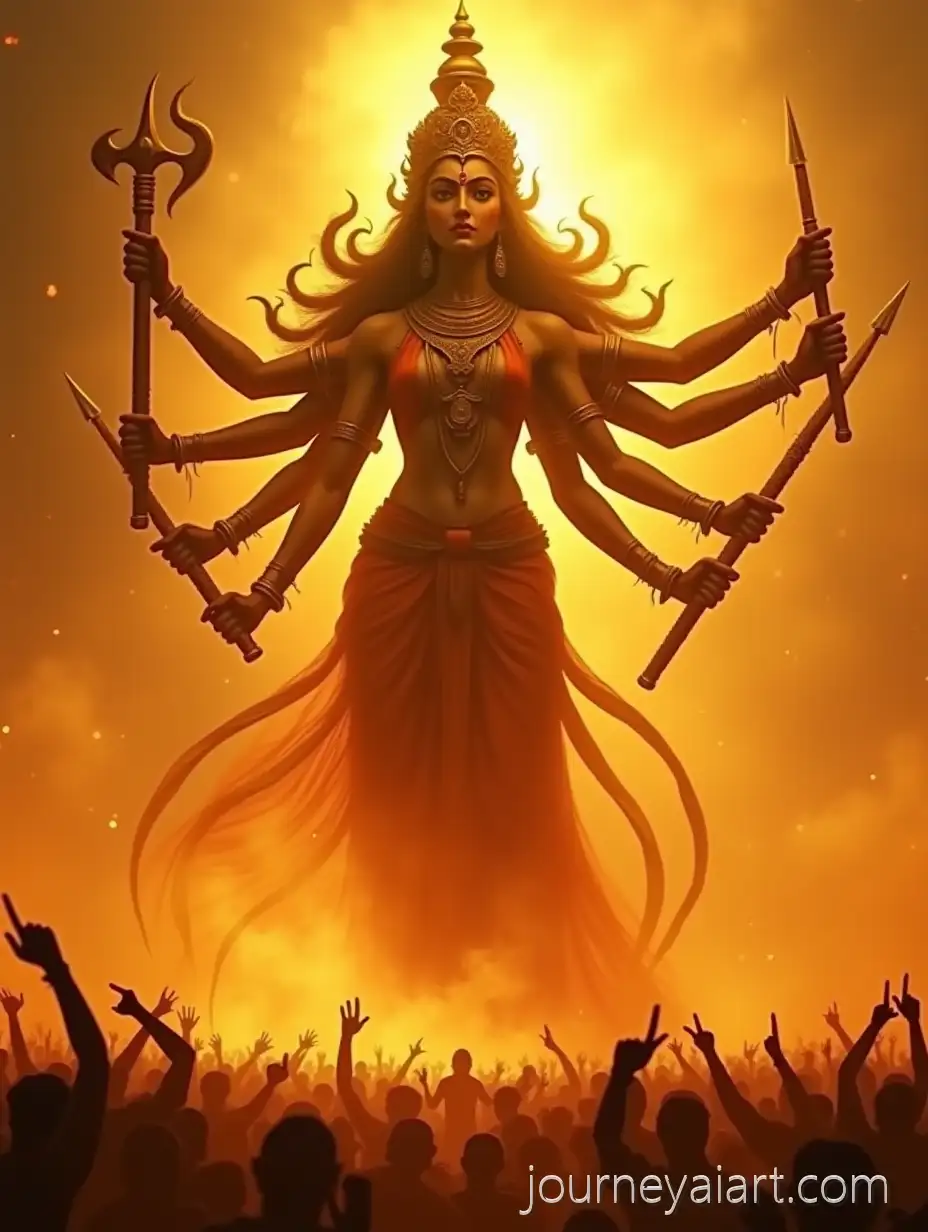 Goddess-Durga-in-Divine-Fury-with-SilGoddess-Durga-Divine-Powerhouetted-Celebrations-and-Dramatic-Lighting