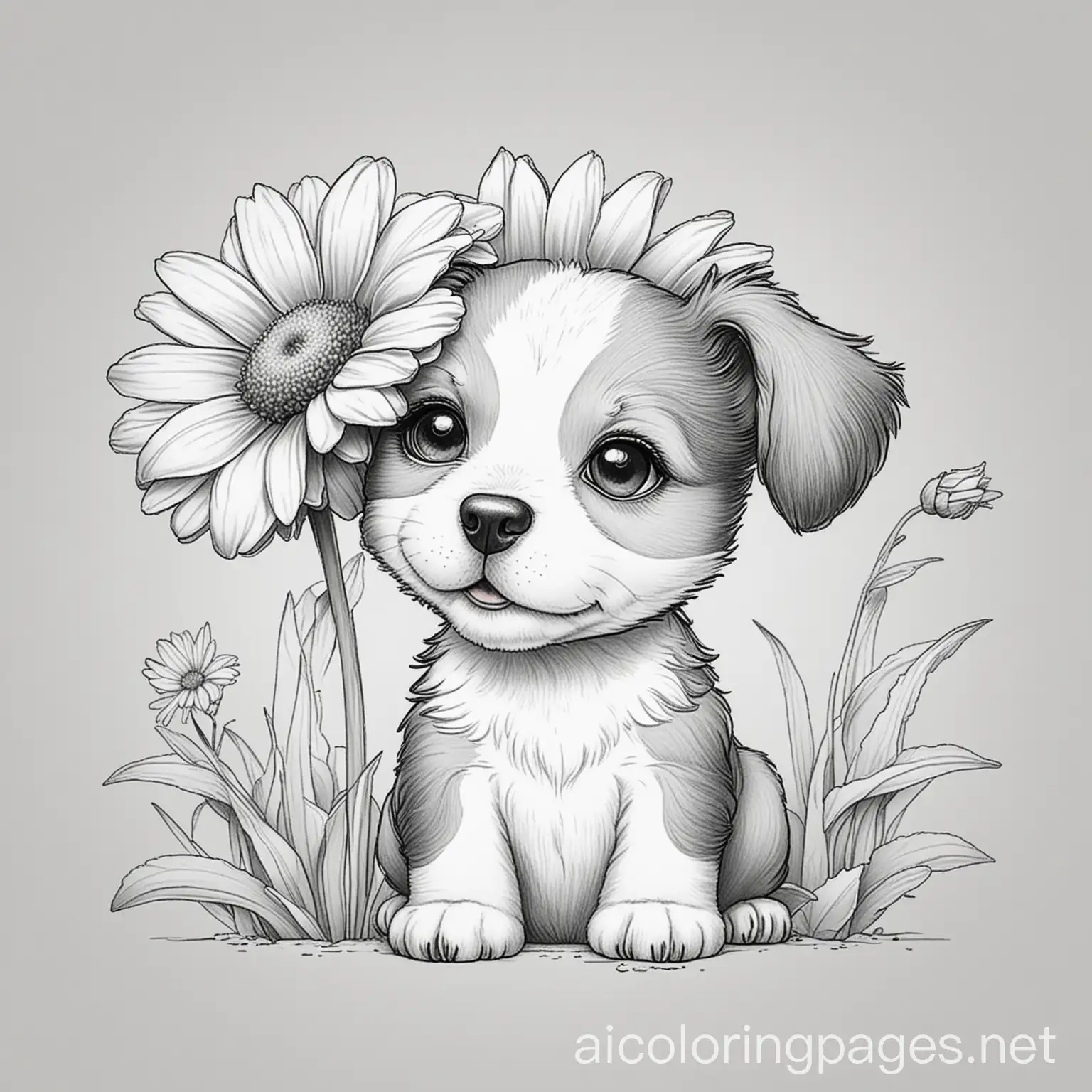 Cute-Dog-Coloring-Page-with-Daisy-Black-and-White-Line-Art